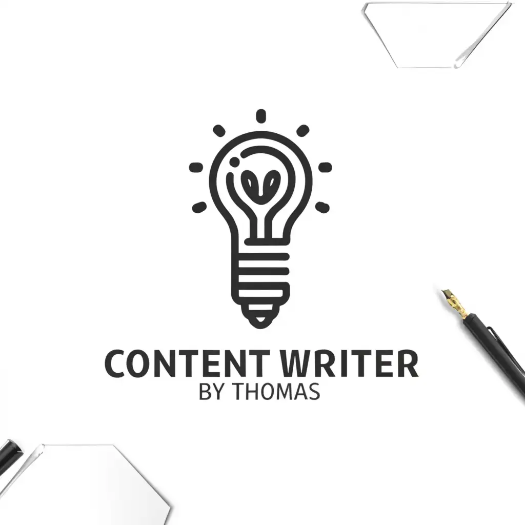 a logo design,with the text "Content writer by Thomas", main symbol:Pen and idea,Minimalistic,clear background