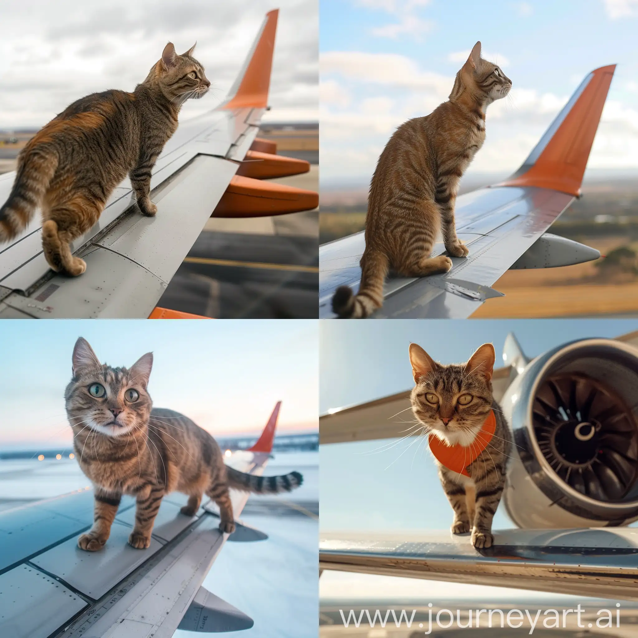 一只猫站在正在飞行的客机机翼上