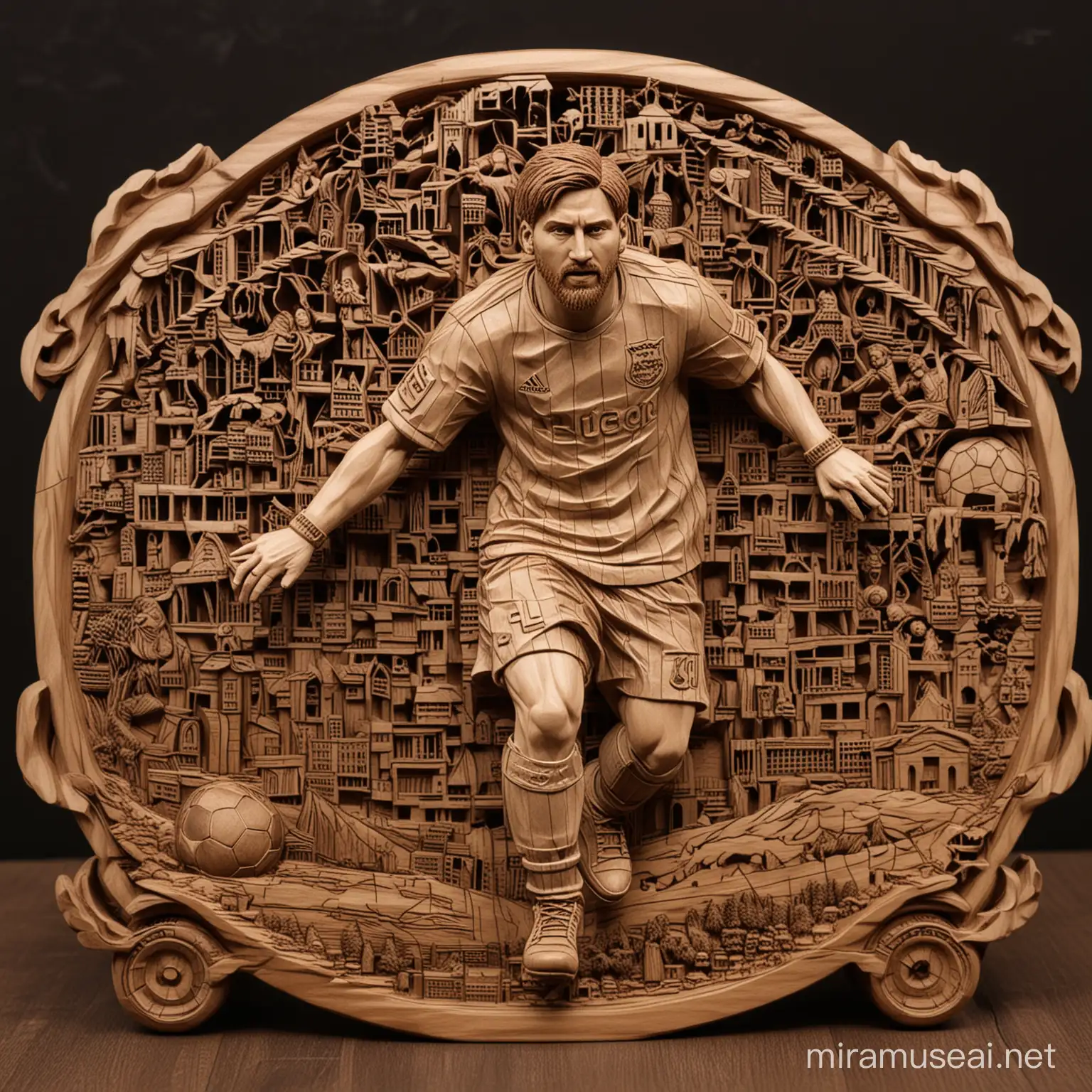 Argentina football player Lionel Messi in the style of playing football at football ground in full 3D dark wood carving