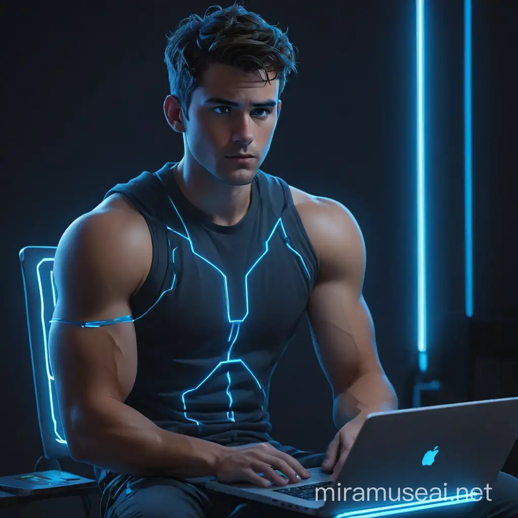 Man Working on Laptop with Blue Neon Illumination