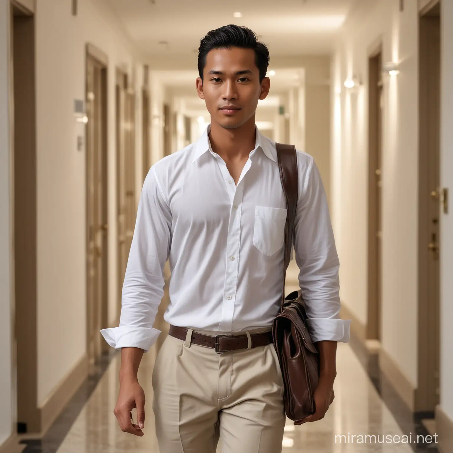 A young Indonesian man with brown skin, small stature, slim, approximately 35 years old, handsomely groomed, sporting a wet look "COMB OVER" hairstyle, wearing a white shirt (WITH TWO POCKETS AT THE FRONT), with a straight-facing countenance.

He walks through the corridors of a luxurious hotel, carrying a luxurious leather bag with a long strap over his shoulder.

In the background, people can be seen passing by.
Arrange the image with HD 4K ultra-realistic quality, making it appear incredibly lifelike, truly realistic, and entirely authentic.