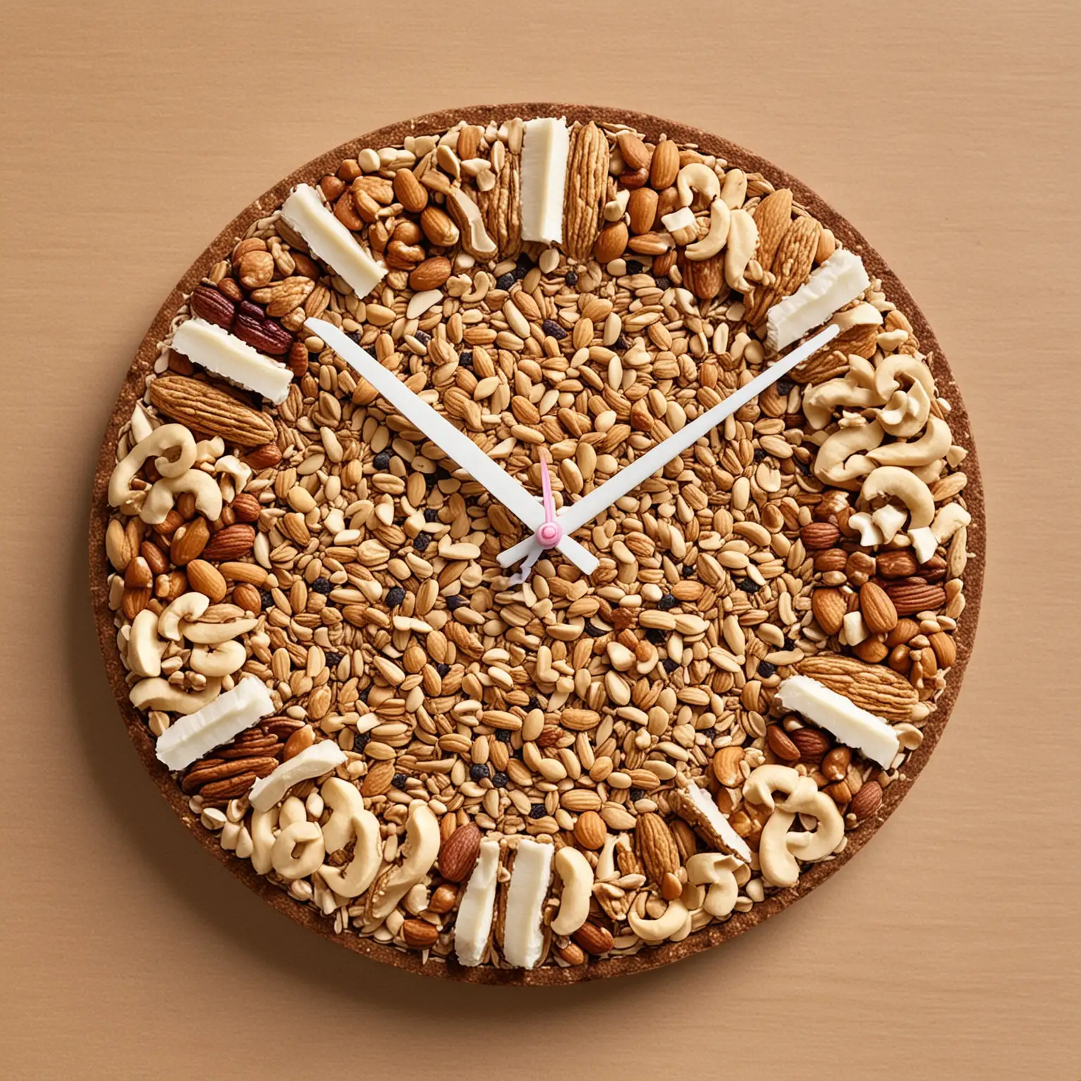 simple clock made from healthy snacks, nuts, seeds, granola, shaved coconut
