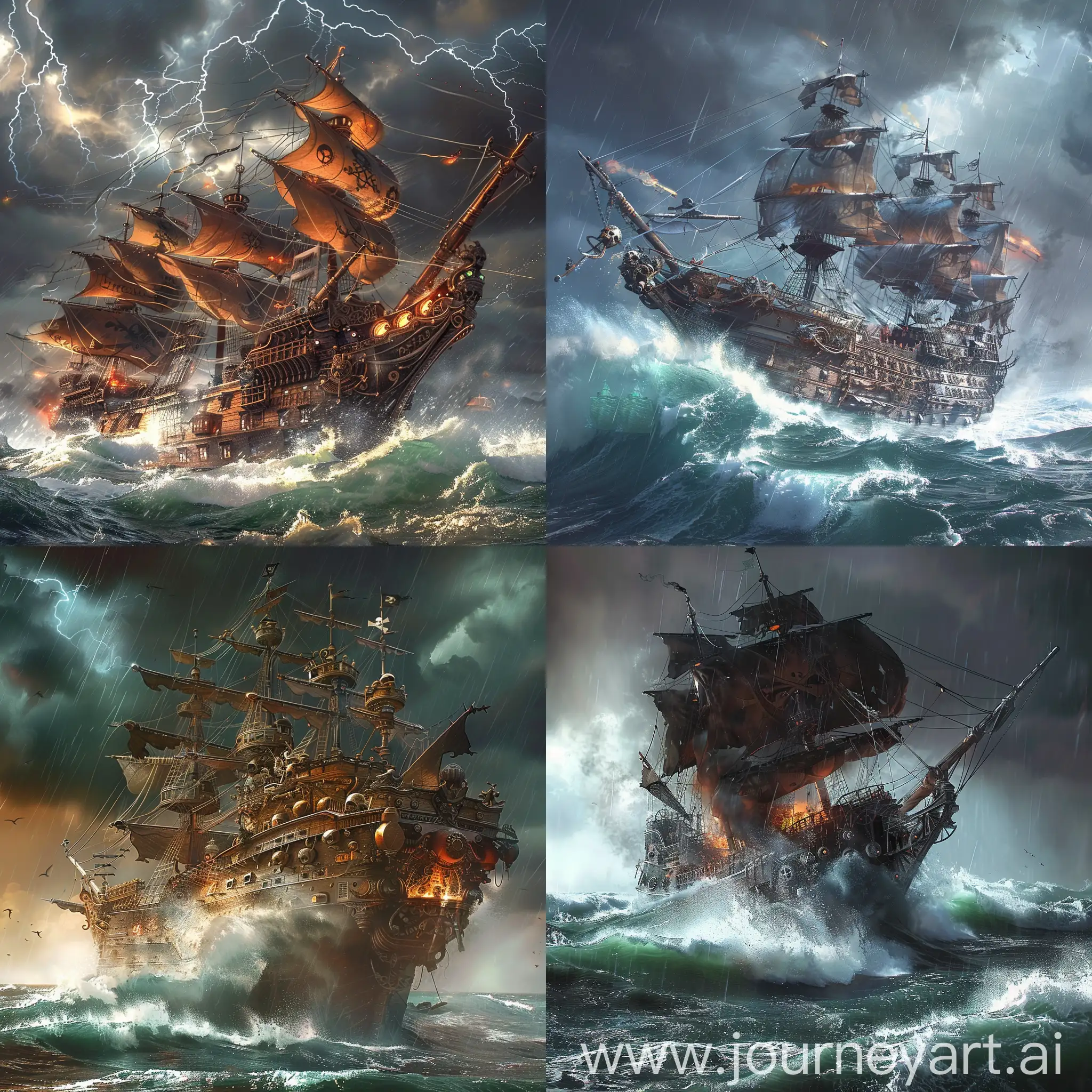  Steampunk pirate ship sailing through the stormy sea, fantasy, epic, raging waves, hyperdetailed. 