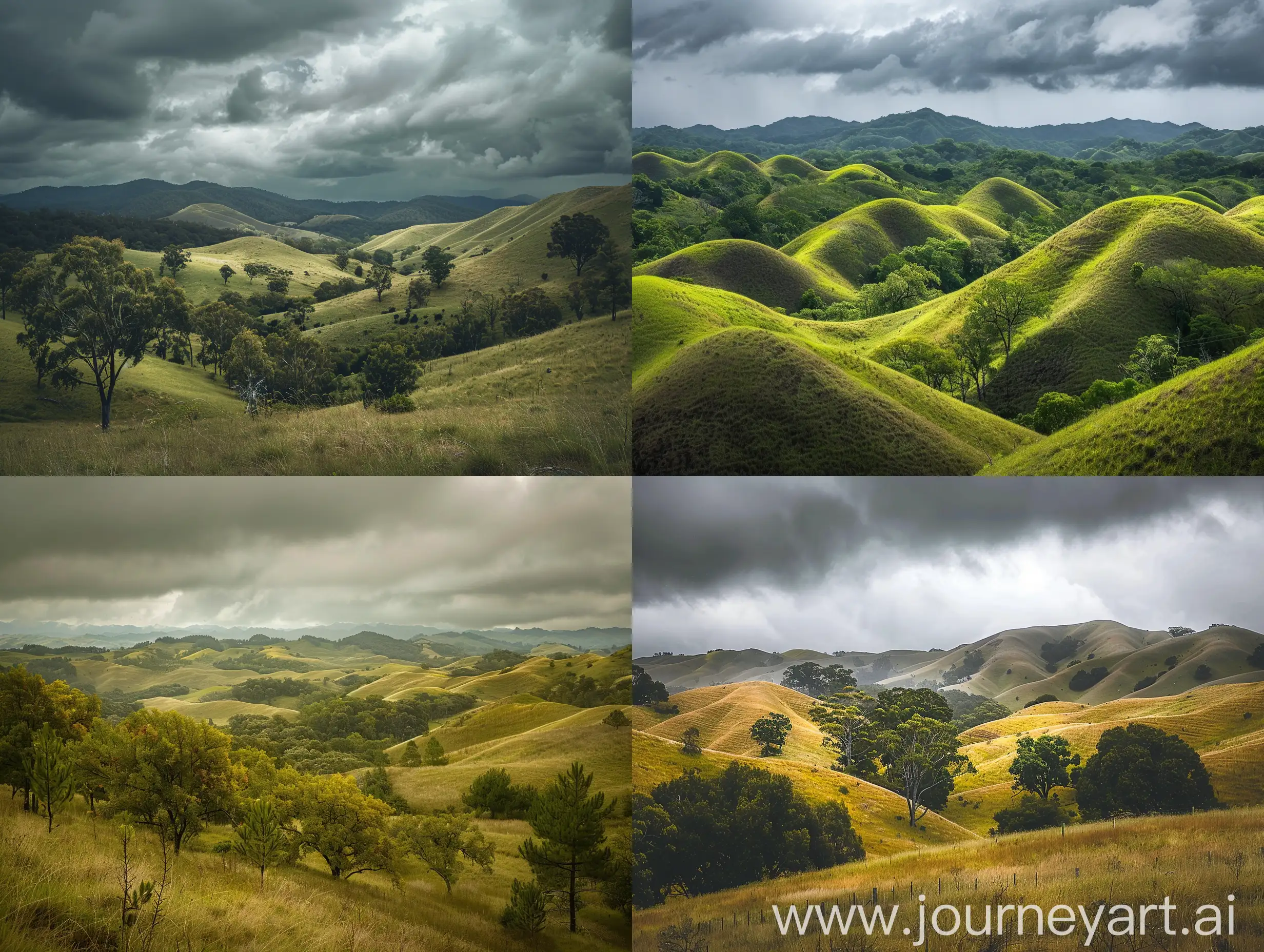 photo, scenic landscape, hills, trees, nature, cloudy weather, neutral shades, no filters, best quality, National Geographic