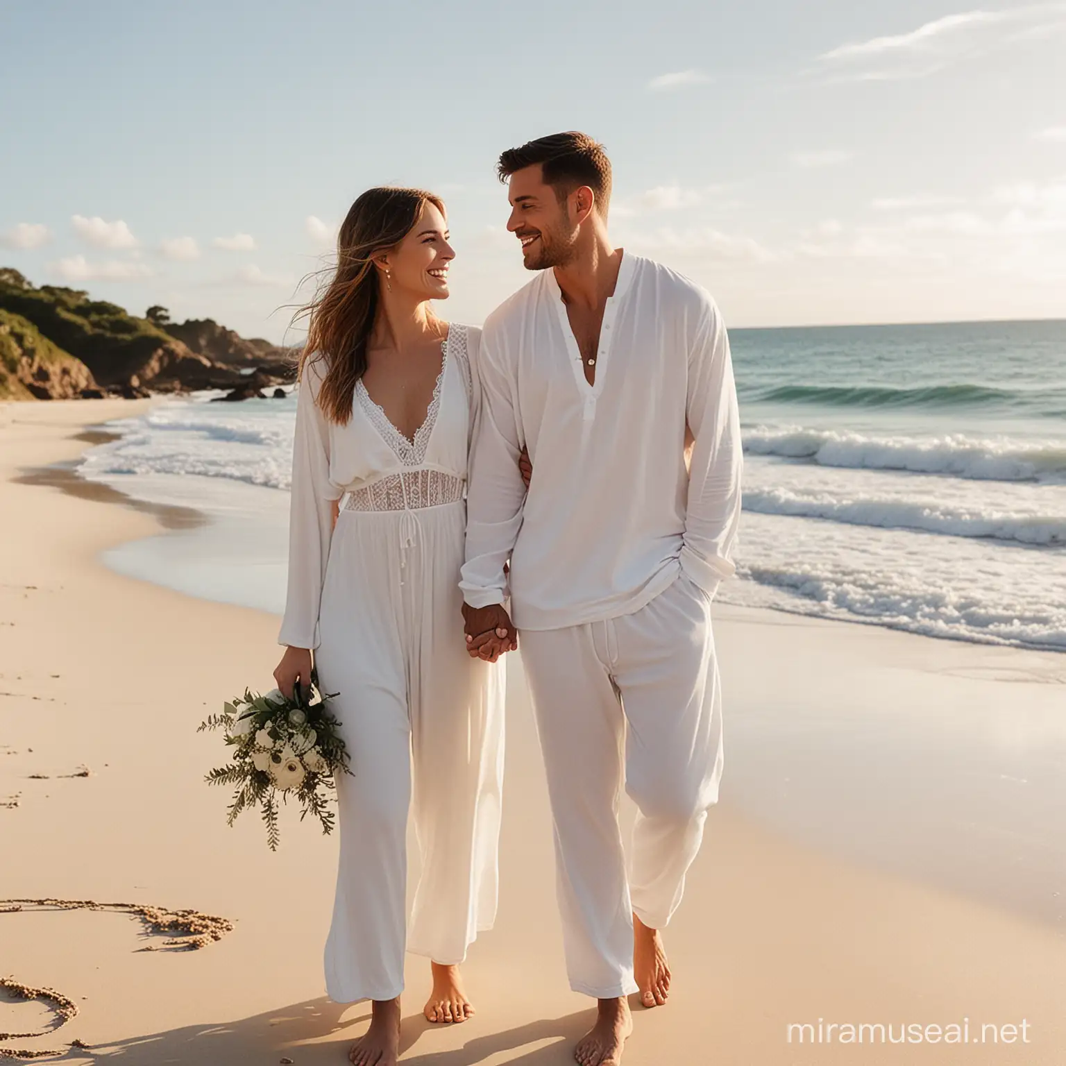 Beach Wedding Couple Embracing in White Attire