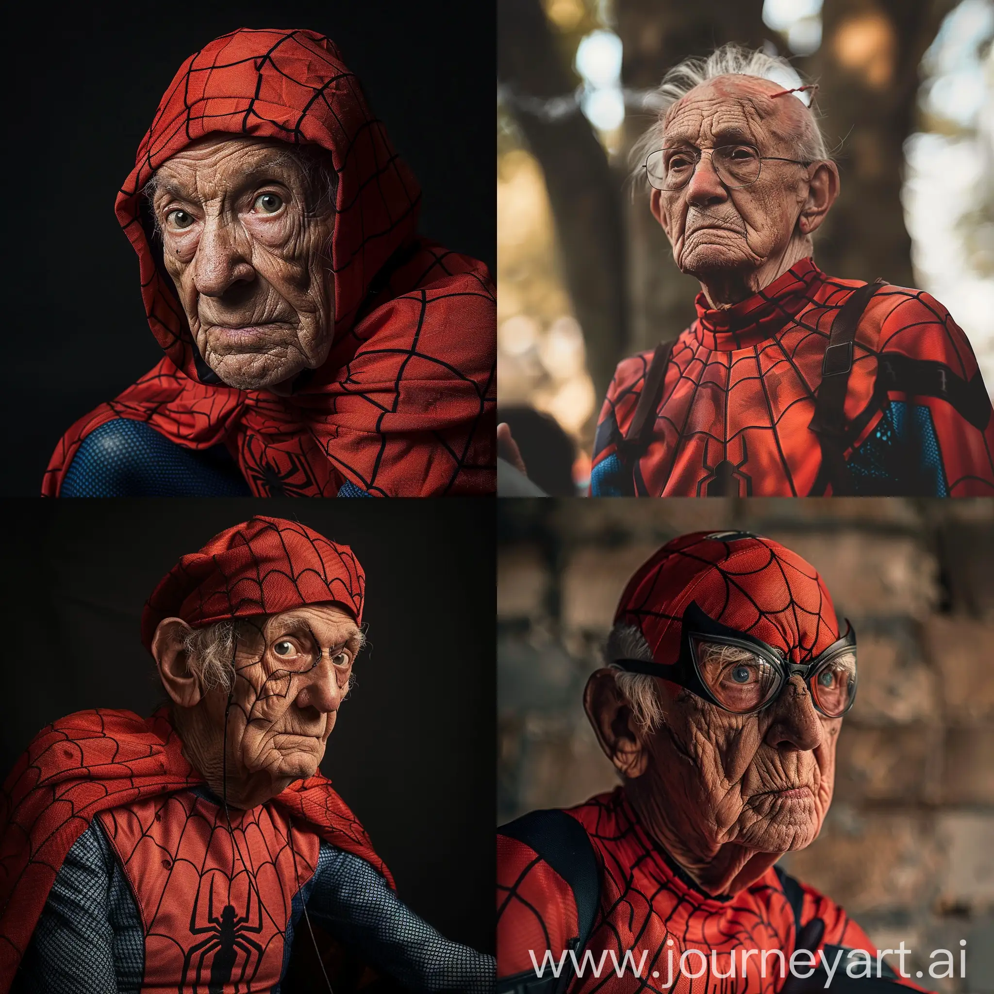An elderly old man dressed as spiderman