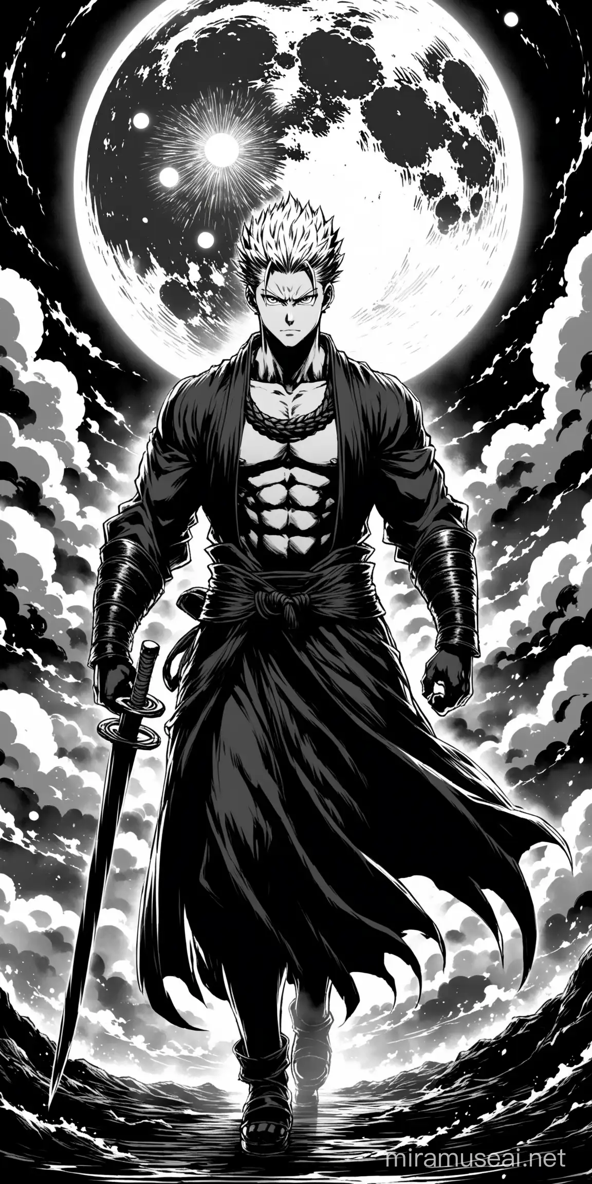 Capture the essence of Sukuna from Jujutsu Kaisen walking towards the camera against the backdrop of a dramatic moon eclipse. The scene should be rendered in the distinctive Kentaro Miura art style, characterized by its eerie and surreal elements. Employ a black and white palette with subtle hints of fire, enhancing the atmosphere of intensity and power. Emphasize the warrior's masculine physique and regal presence, evoking the aura of a king striding confidently into battle.