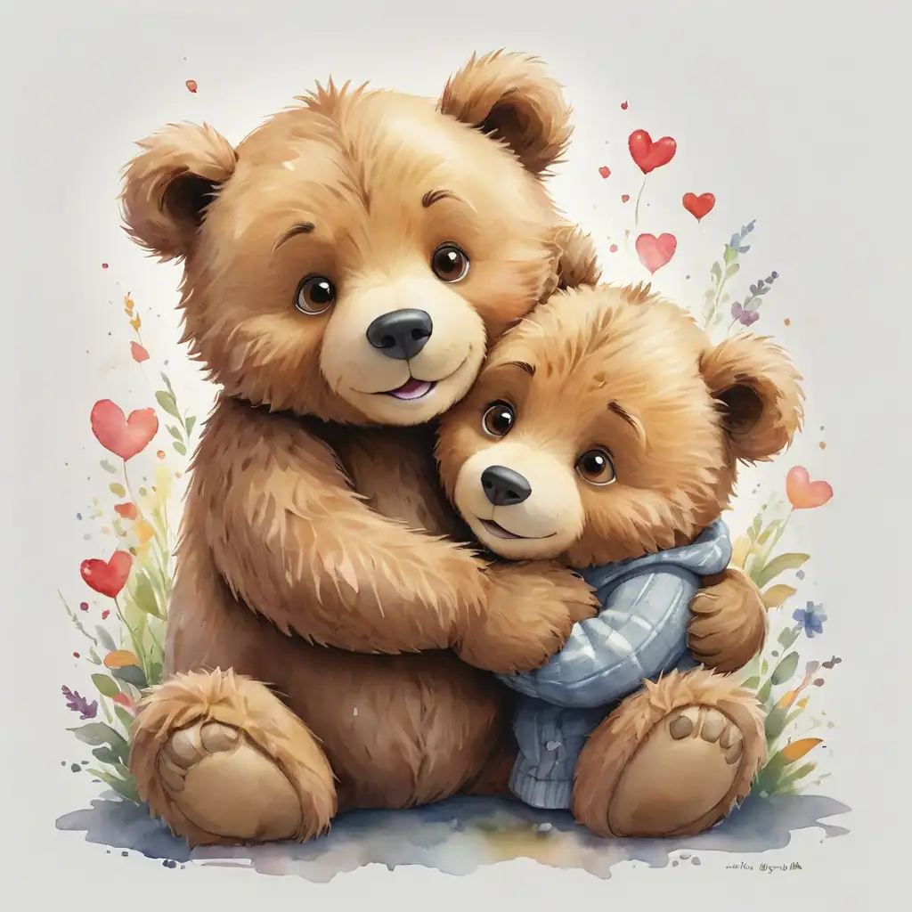 Bear Hug": A heartwarming design showcasing a big teddy bear giving a warm hug to a smaller teddy bear, symbolizing love, friendship, and comfort in a cute and endearing scene.Watercolour painting artwork beautiful magical enchantment welcoming friendly. On transparent 
 white background
