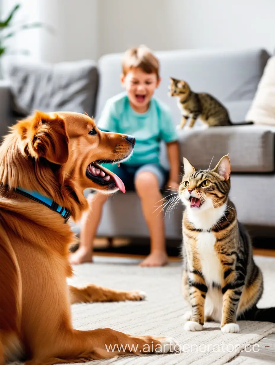 A happy dog looking at an angry cat while a child is taking a photo of them