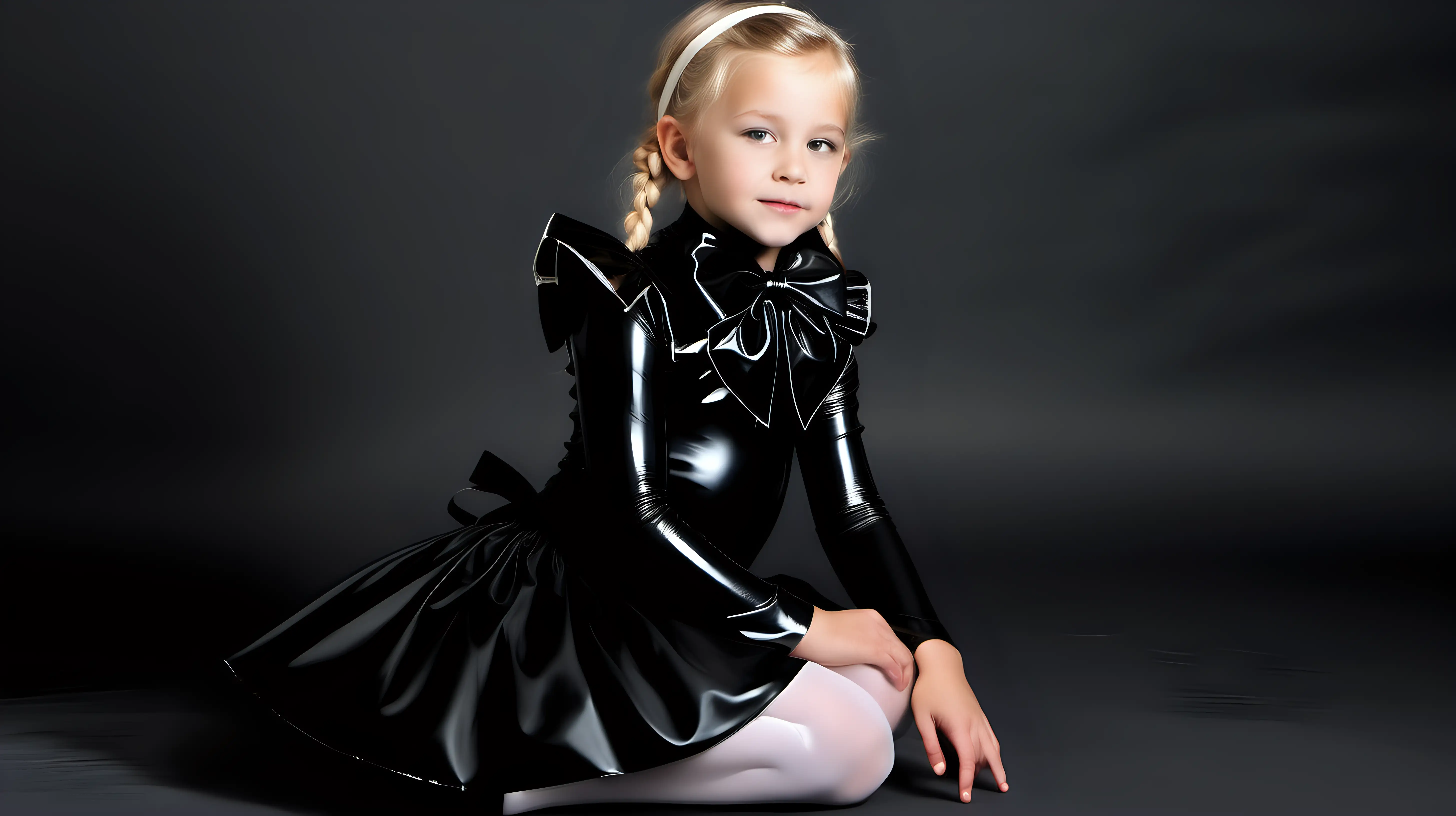 portrait of blond Little Girl 9 years old with braid wearing a black   long-sleeve blouse with big ribbon-bow collar and softly gathered white   skirt kneels on both knees before her fairy godmother wearing a short black  dress with high collar-bow around neck and long sleeves full body profile, with mother in faery costume with black sheer transparent tights, high heels stiletto, short shiny black latex bodycon dress
