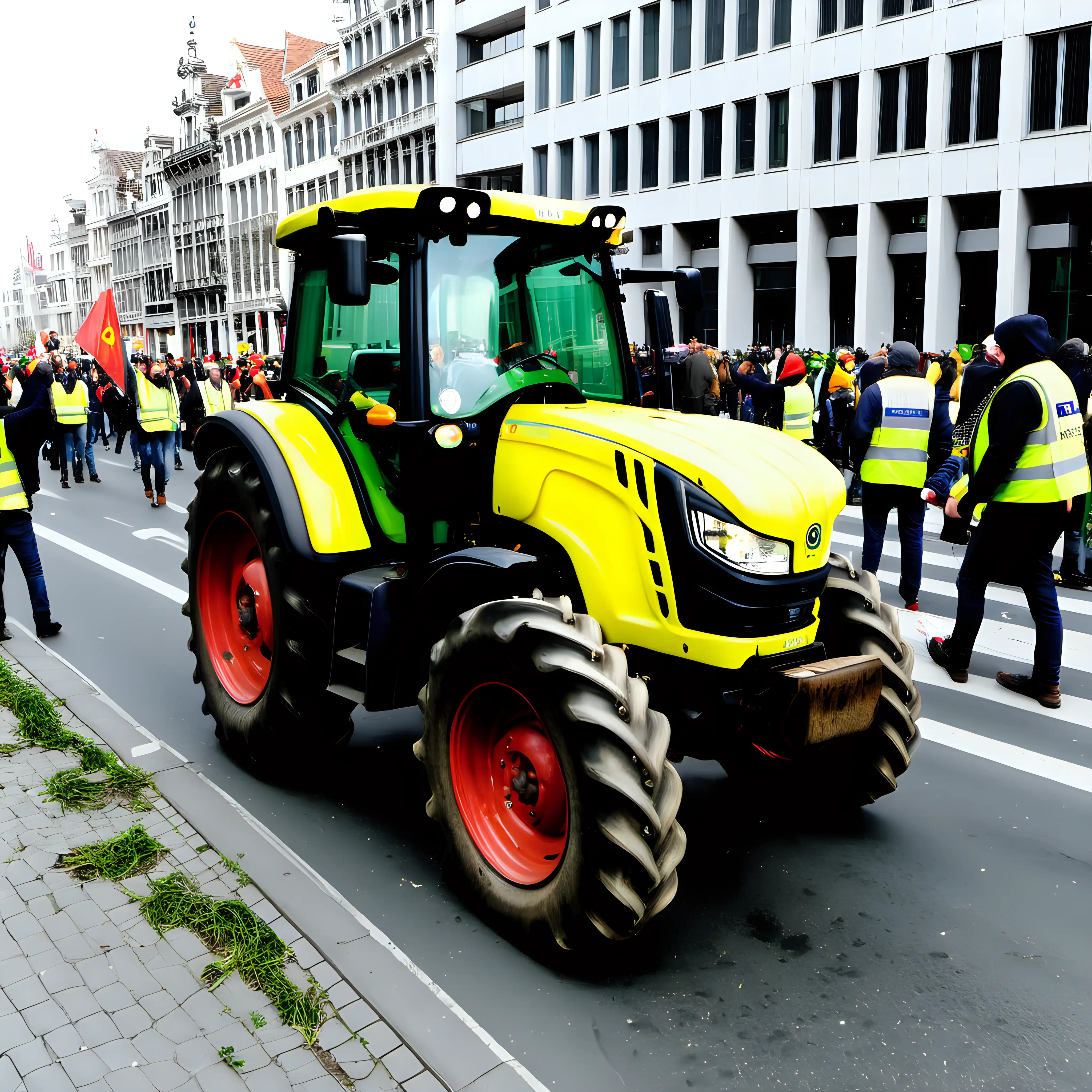 Protest  with tractor in the center, on front farmers with gilets Jaunes in the street of Brussels