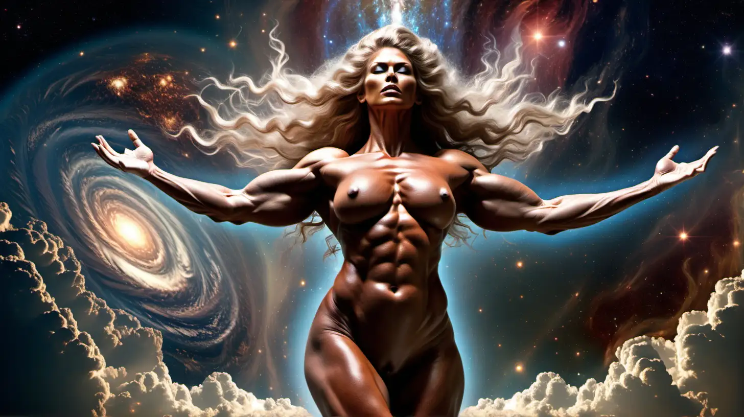 Majestic Creation Naked Muscular Giant Goddess Crafting the Universe