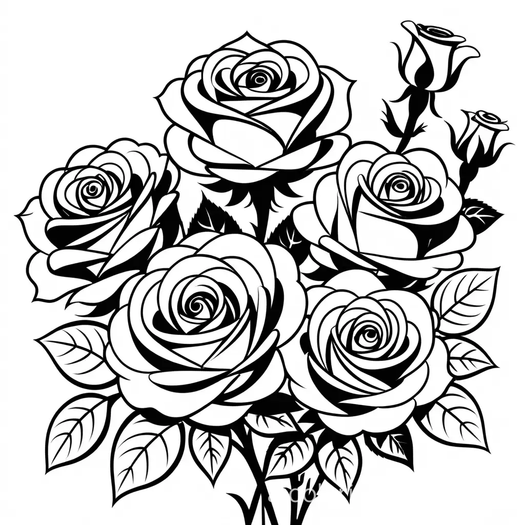 roses with color, Coloring Page, black and white, line art, white background, Simplicity, Ample White Space. The background of the coloring page is plain white to make it easy for young children to color within the lines. The outlines of all the subjects are easy to distinguish, making it simple for kids to color without too much difficulty