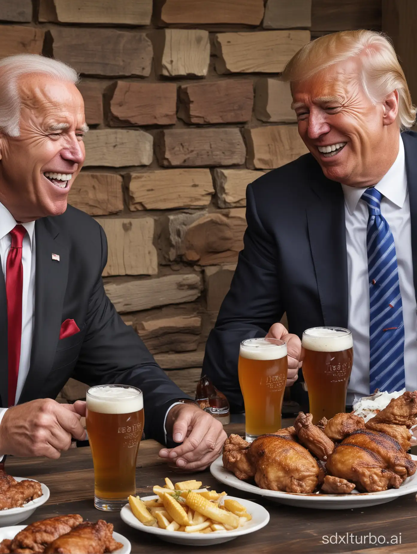 Joe Biden sitting next to a realistic Donald Trump both are laughing while sitting together drinking beer and whiskey shots at a barbeque while eating big steaks and Southern fried chicken.  Very realistic.