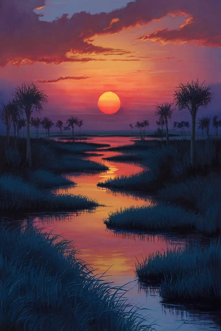 Envision a serene and vibrant painting capturing the majestic beauty of a Lowcountry marsh in South Carolina at the moment of sunset. The scene is bathed in the rich, warm glow of the setting sun, casting the sky in a breathtaking palette of colors—deep oranges, fiery reds, and purples that fade into the soft blues of the early evening. The sun, a fiery orb, hovers just above the horizon, reflecting its brilliant light across the smooth surface of meandering tidal creeks that weave through the marshland. These waterways, vital arteries of the marsh, mirror the spectacular colors of the sky, creating a stunning contrast against the darkening silhouettes of palmetto trees and tall marsh grasses that line their banks.

In the foreground, the dense grasses of the marsh are tinged with the golden hues of the sunset, creating a warm and inviting tapestry of colors that invites the viewer to pause and reflect. A lone heron stands stoically in the shallow waters, its silhouette a graceful addition to the landscape. The scene is a harmonious blend of tranquility and dramatic natural beauty, encapsulating the serene yet vibrant spirit of the Lowcountry at this magical time of day. The painting should aim to capture not just the visual splendor of the sunset over the marsh, but also the quiet, reflective atmosphere that envelops the landscape as day transitions to night. 