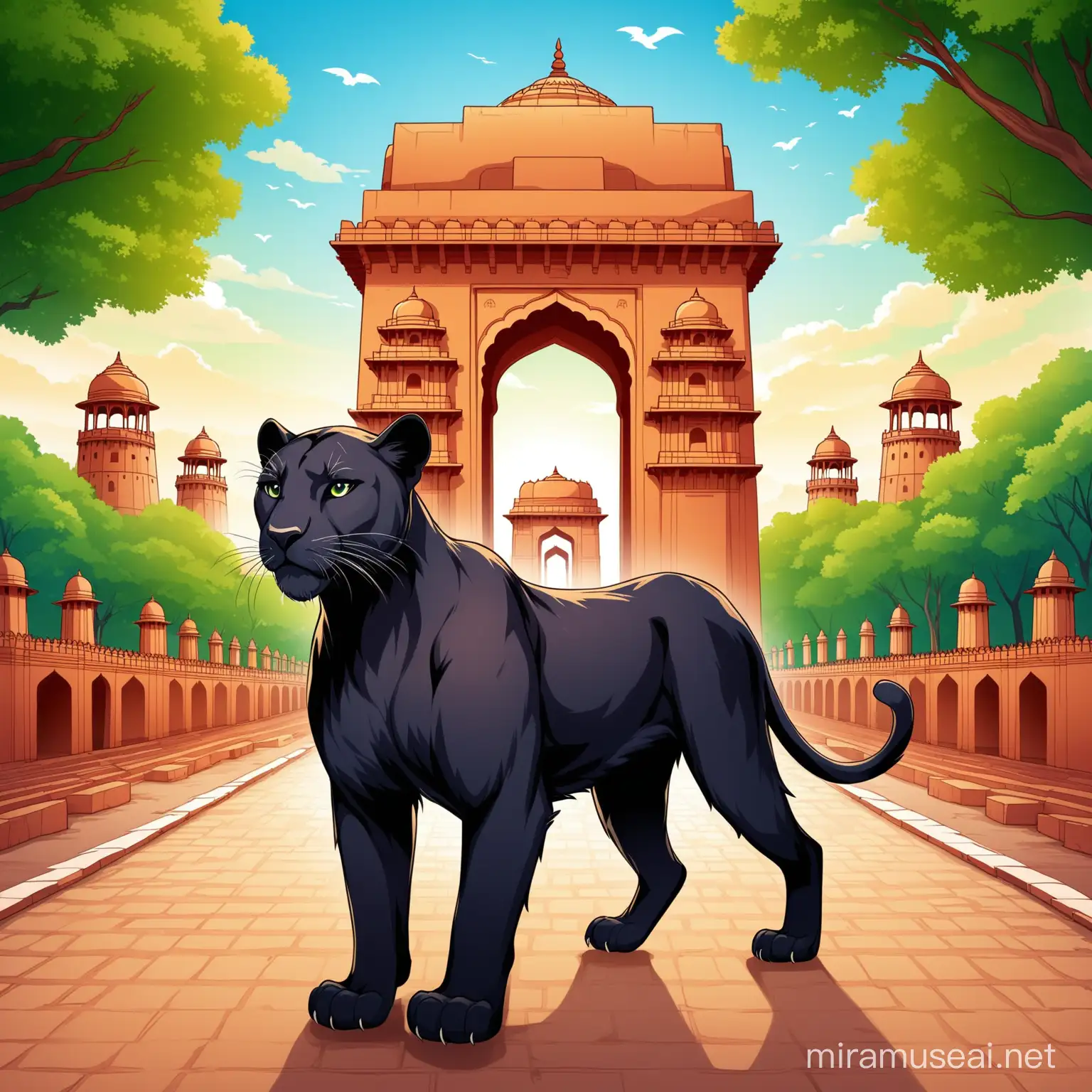 Create a mascot using panther as the animal with combination of nature and Delhi's heritage sites 