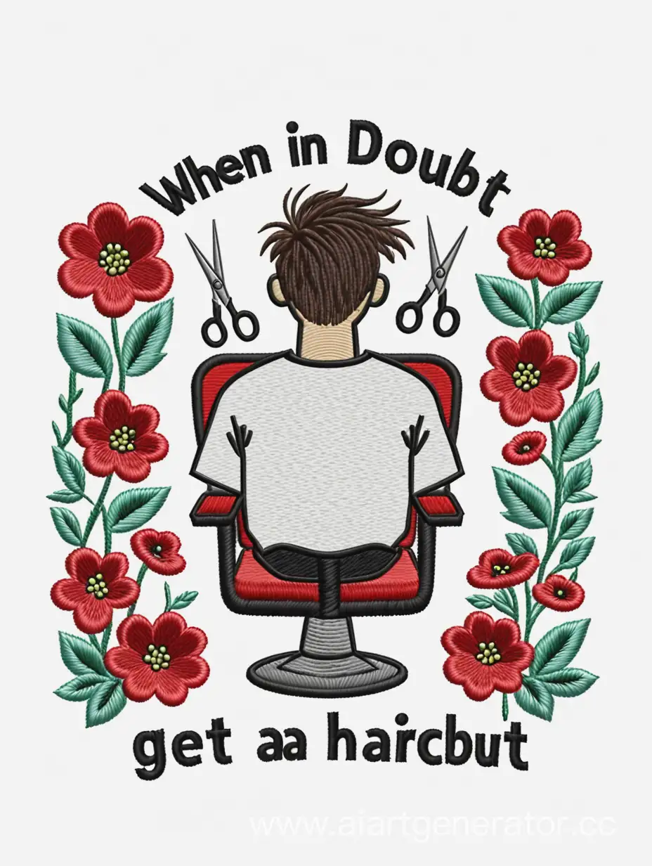 "When in doubt, get a haircut."  Embroidery for T-shirt design, on a white background 