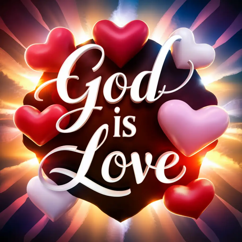 The words “God Is Love” surrounded bu red, pink and white 3D hearts, with a lighted background 