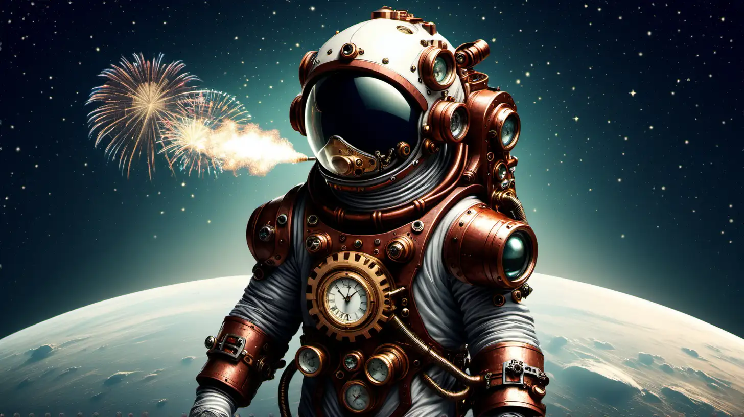 Cheerful Steampunk Astronaut Celebrating a Happy New Year