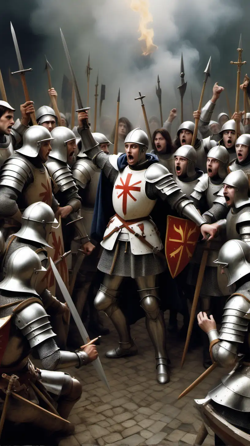 Create a composition showing a group of men engaged in a passionate debate about Joan of arc's legacy.
hyper realistic