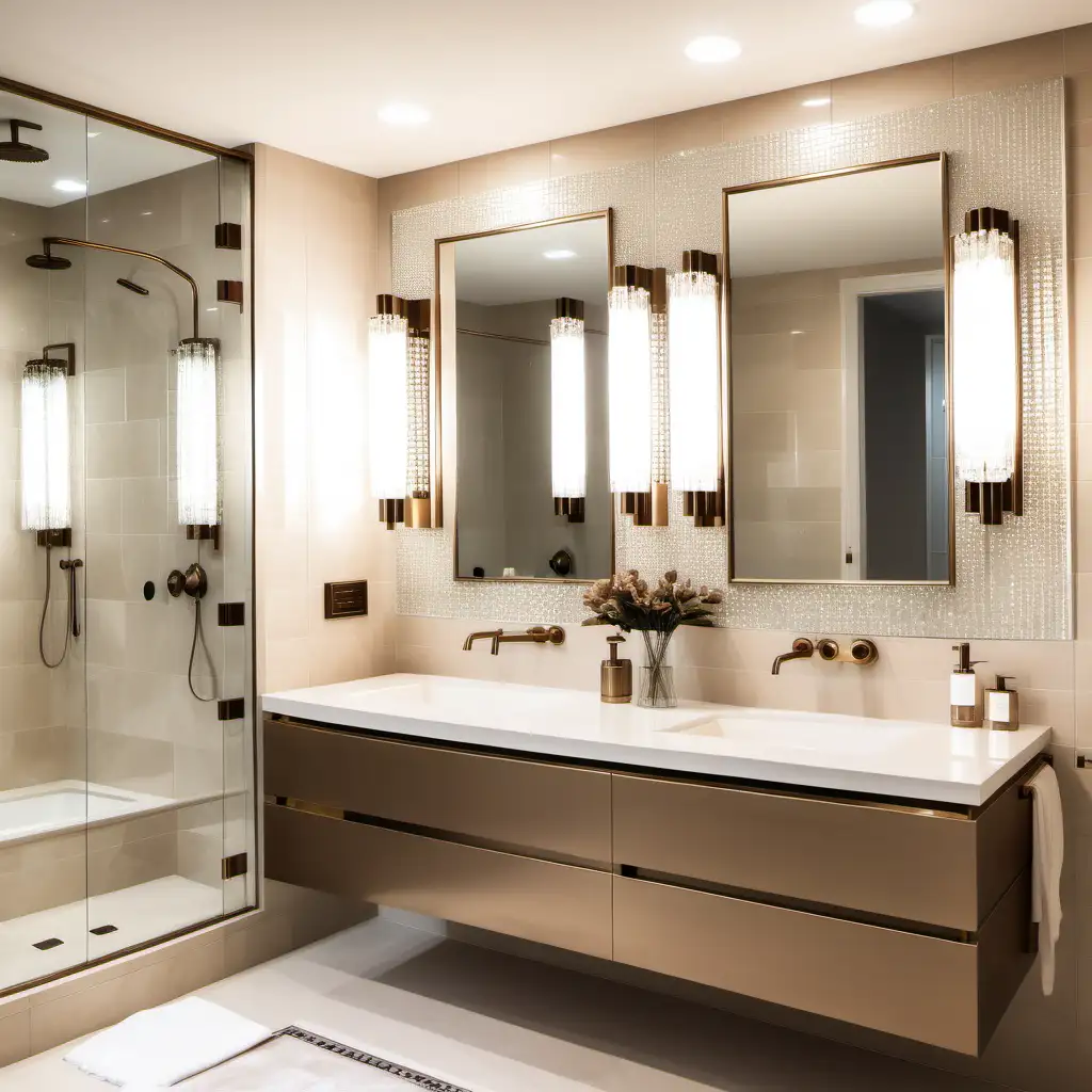 Elegant Modern Bathroom with Beige Tiles and Crystal Accents