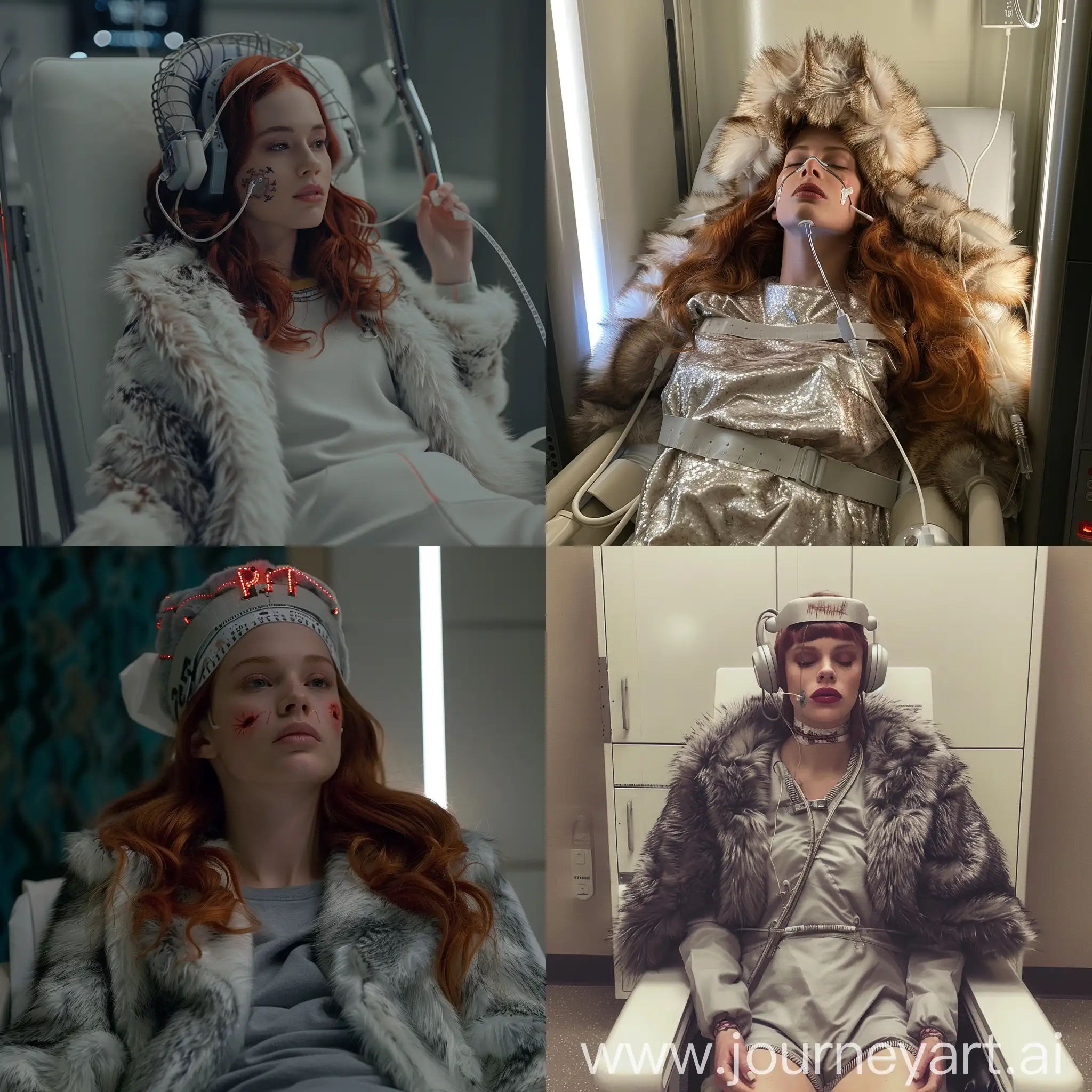 Madelaine Petsch wearing fur medical patient outfit undergoing Electroconvulsive Therapy