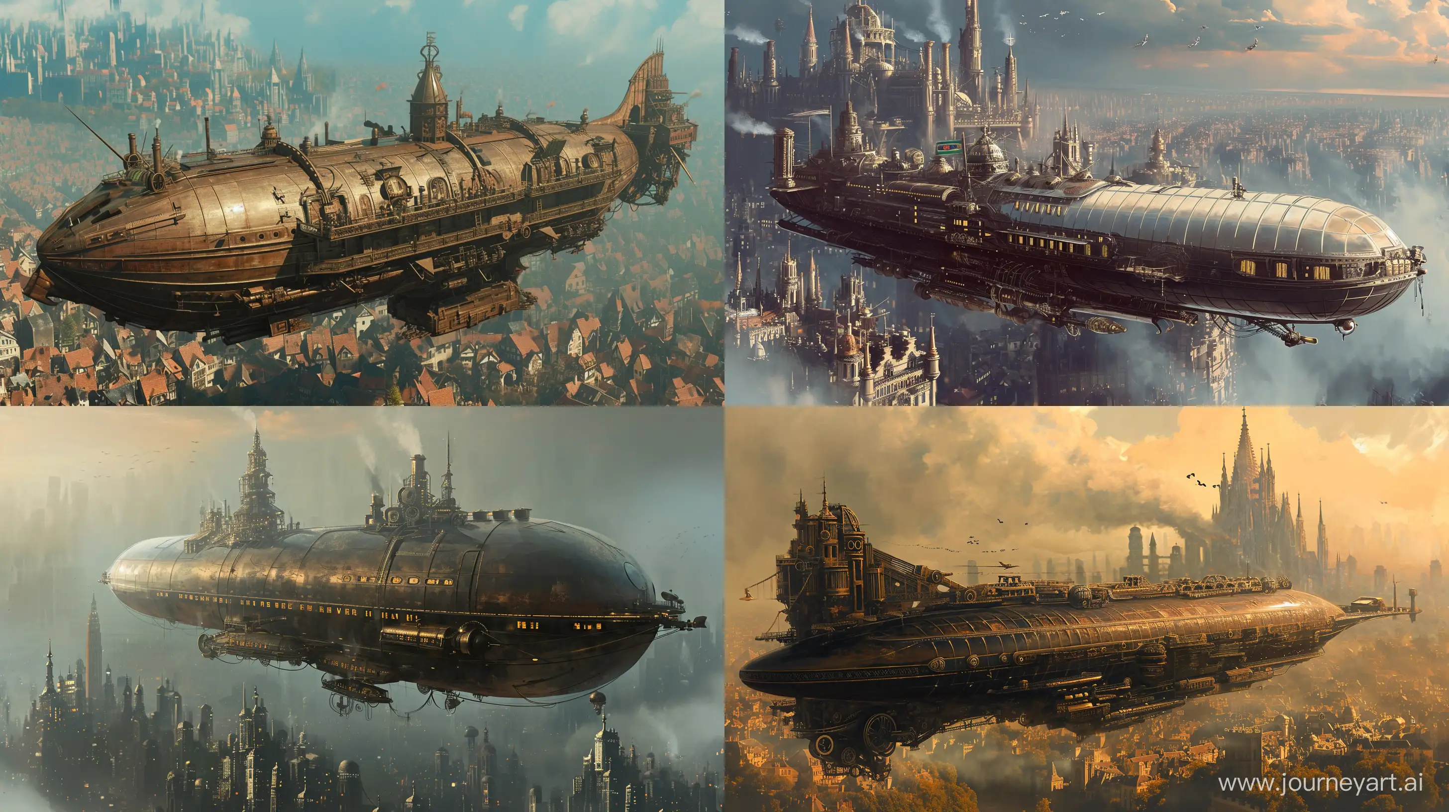 Steampunk Airship with steampunk city in the background --v 6.0 --ar 16:9