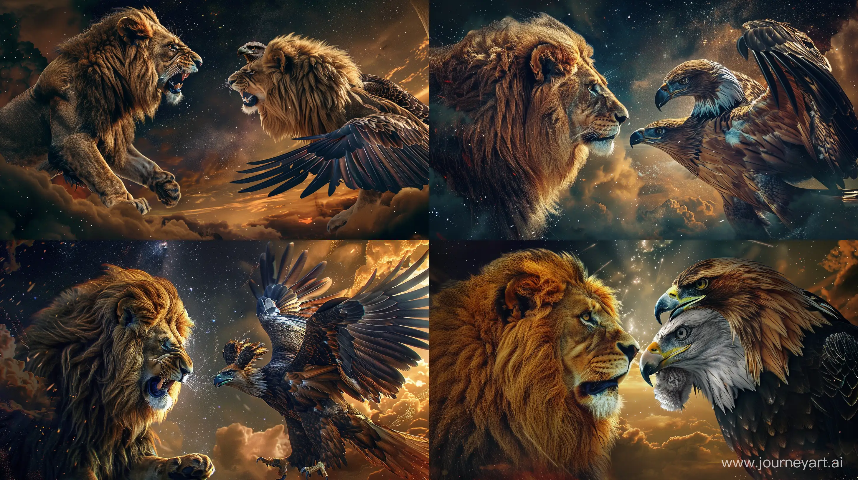Realistic lion and eagle(double-headed eagle) facing off, about to clash, fierce expressions, intricate details, close up image, celestial sky background, high resolution 8k --ar 16:9