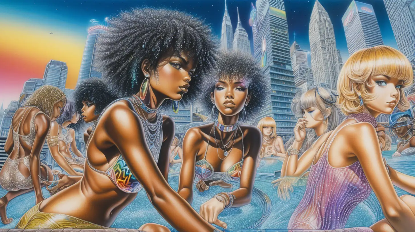 Melanin Friends Enjoying Retro Psychedelic Cityscape with Hydrodipped Colors and Jewels in the Sky