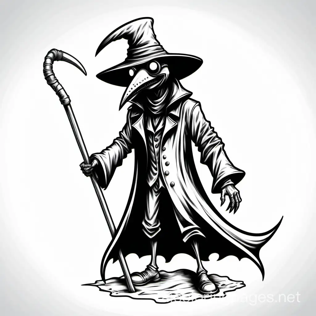 evil, smiling, plague doctor, demon, plague cane, dark, Coloring Page, black and white, line art, white background, Simplicity, Ample White Space. The background of the coloring page is plain white to make it easy for young children to color within the lines. The outlines of all the subjects are easy to distinguish, making it simple for kids to color without too much difficulty