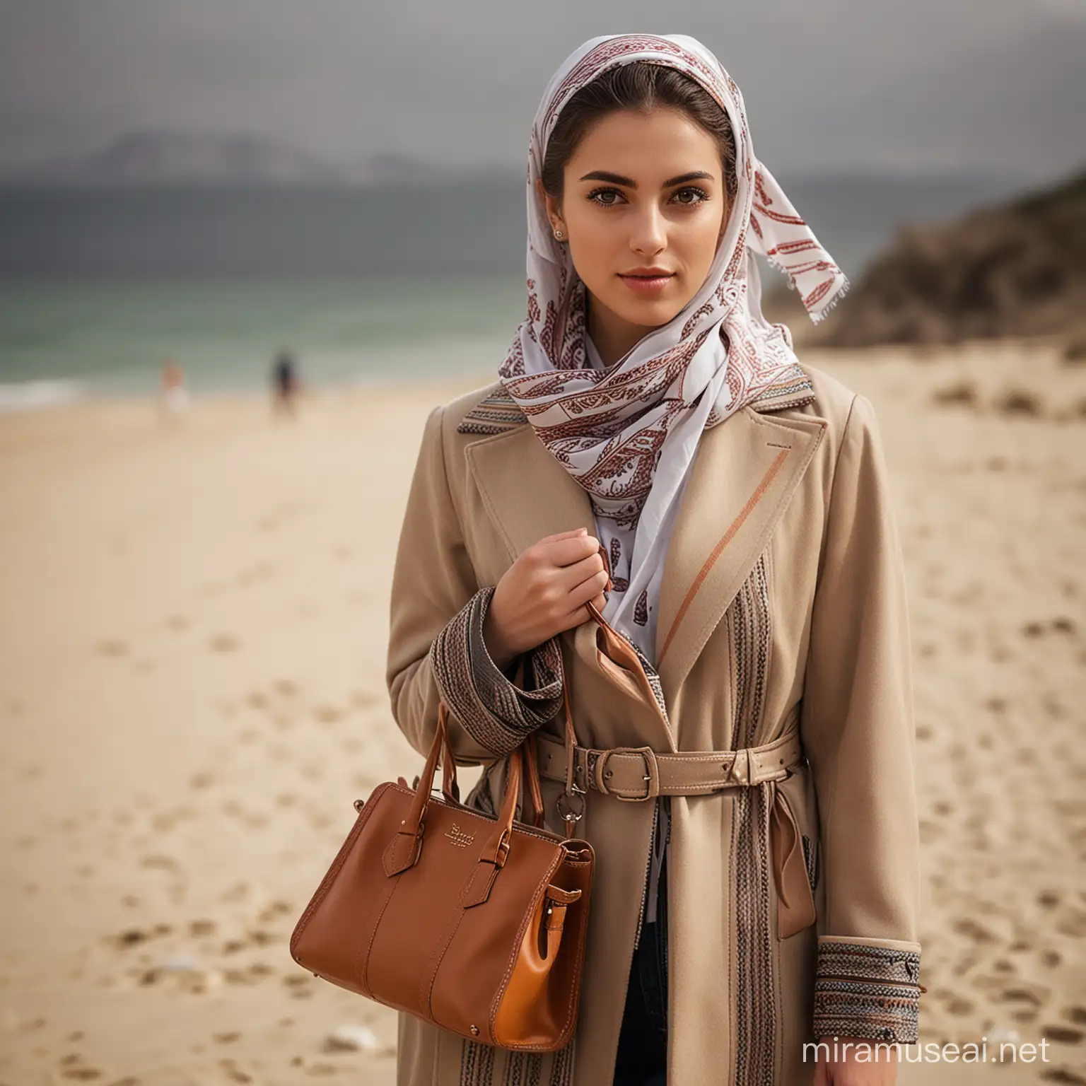 A beautiful girl with a modern headscarf and a stylish Tehran-style coat, carrying a small leather women’s bag, photographed on a beach street with the highest photographic quality and authenticity, using a 50mm lens