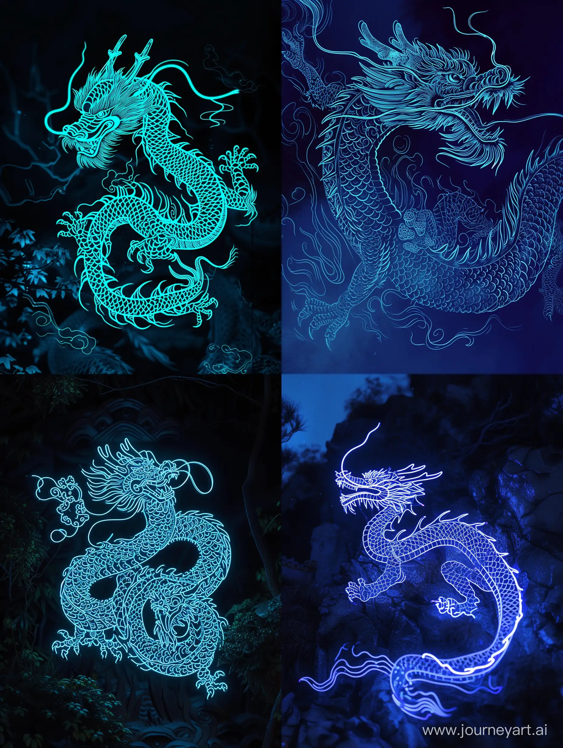 the cyan neon image is drawn on a Chinese dragon in the dark, in the style of kawacy, luxurious geometry, qian xuan, photobashing, group f/64, sharp linework, ary scheffer