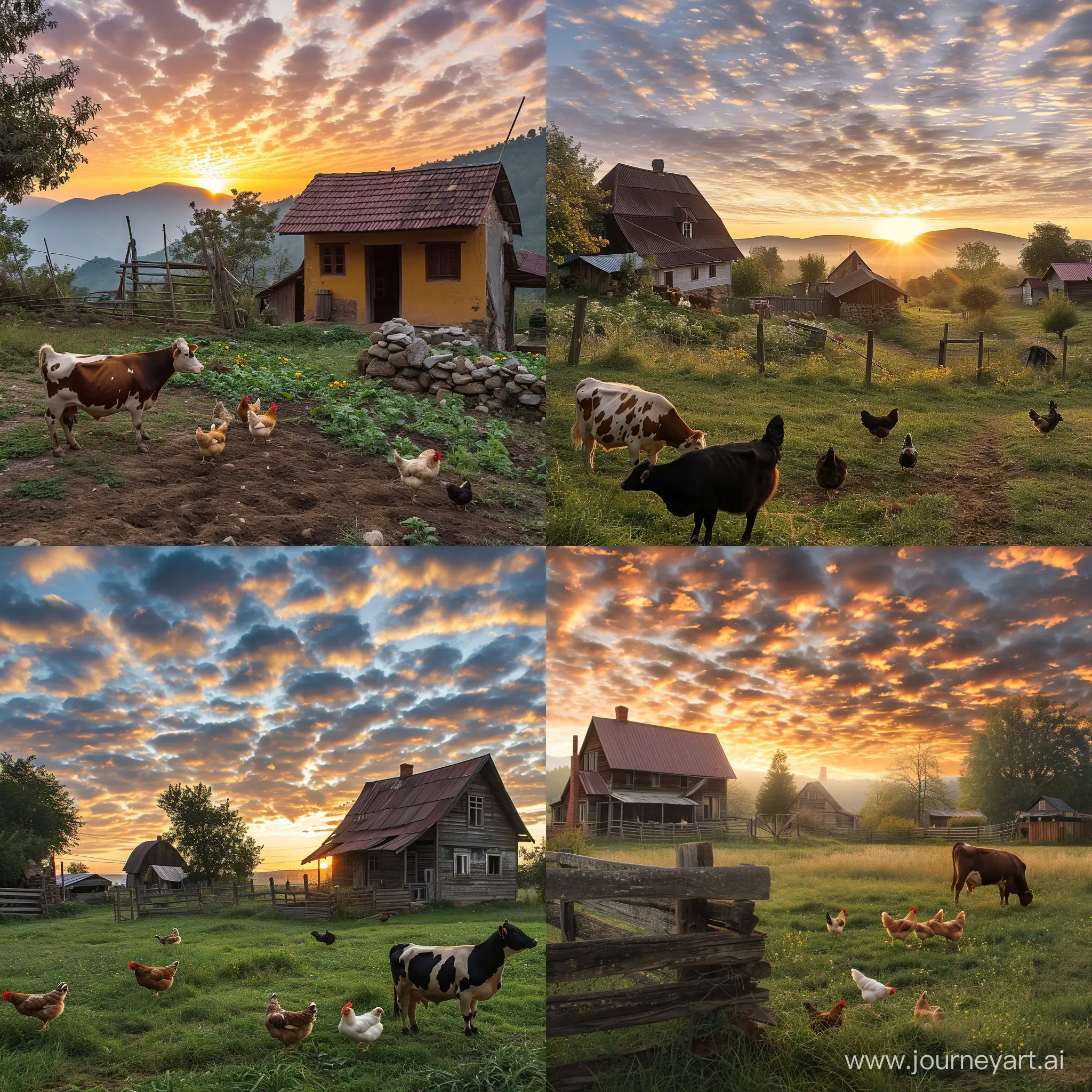 Rural-Sunrise-Village-with-Houses-Cows-and-Chickens