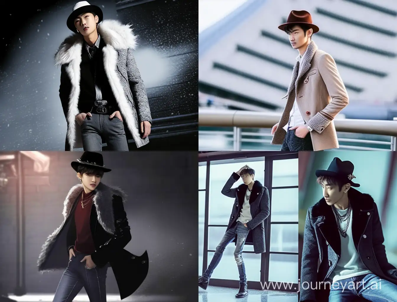 Male model handsome slim runway jeans coats vison mink jewerly hats