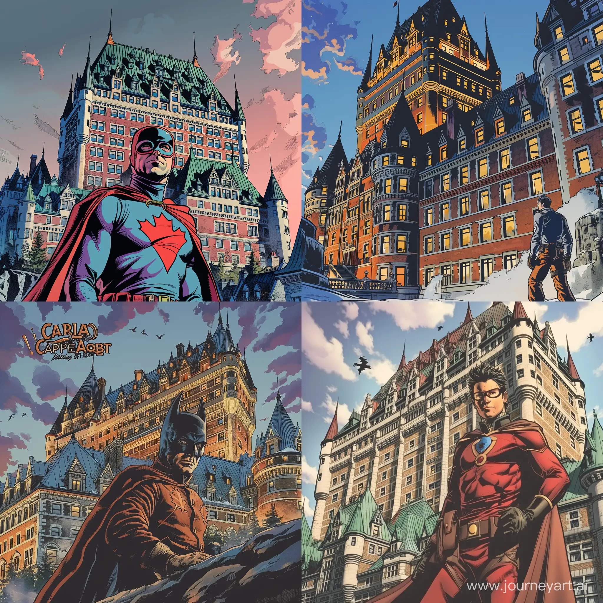 un personnage de bande dessiné style super héros capitaine Québec devant le château Frontenac sur la première page d'une bande dessiné