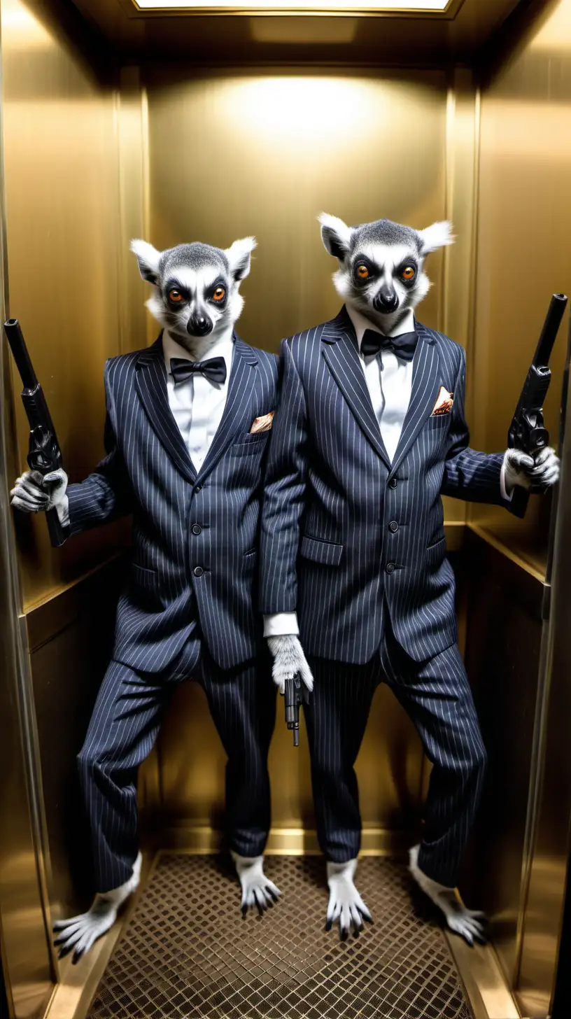 Elegant Lemurs in Formal Attire Elevator Confrontation