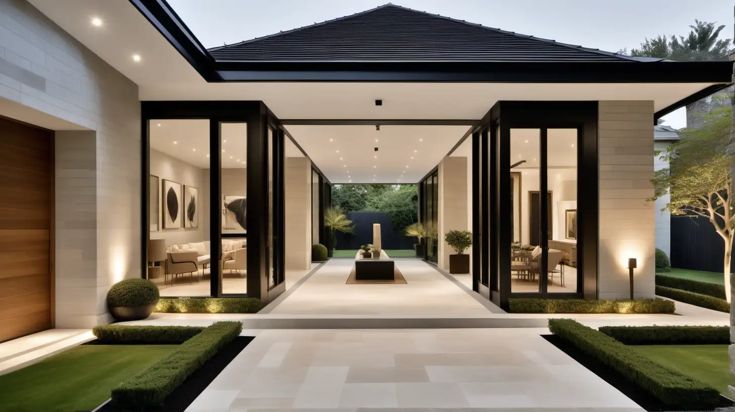 classic contemporary large minimalist home central open roofed central breezeway with a manicured garden in the centre; beige, black accents; blonde oak;  limestone; brass lighting; ample lighting