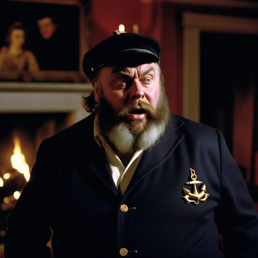 Actor Brian Blessed as Sailing Captain Brown sweater brown jacket black sailor hat frowning by fireplace in dark lounge of large manor house low ceiling at night