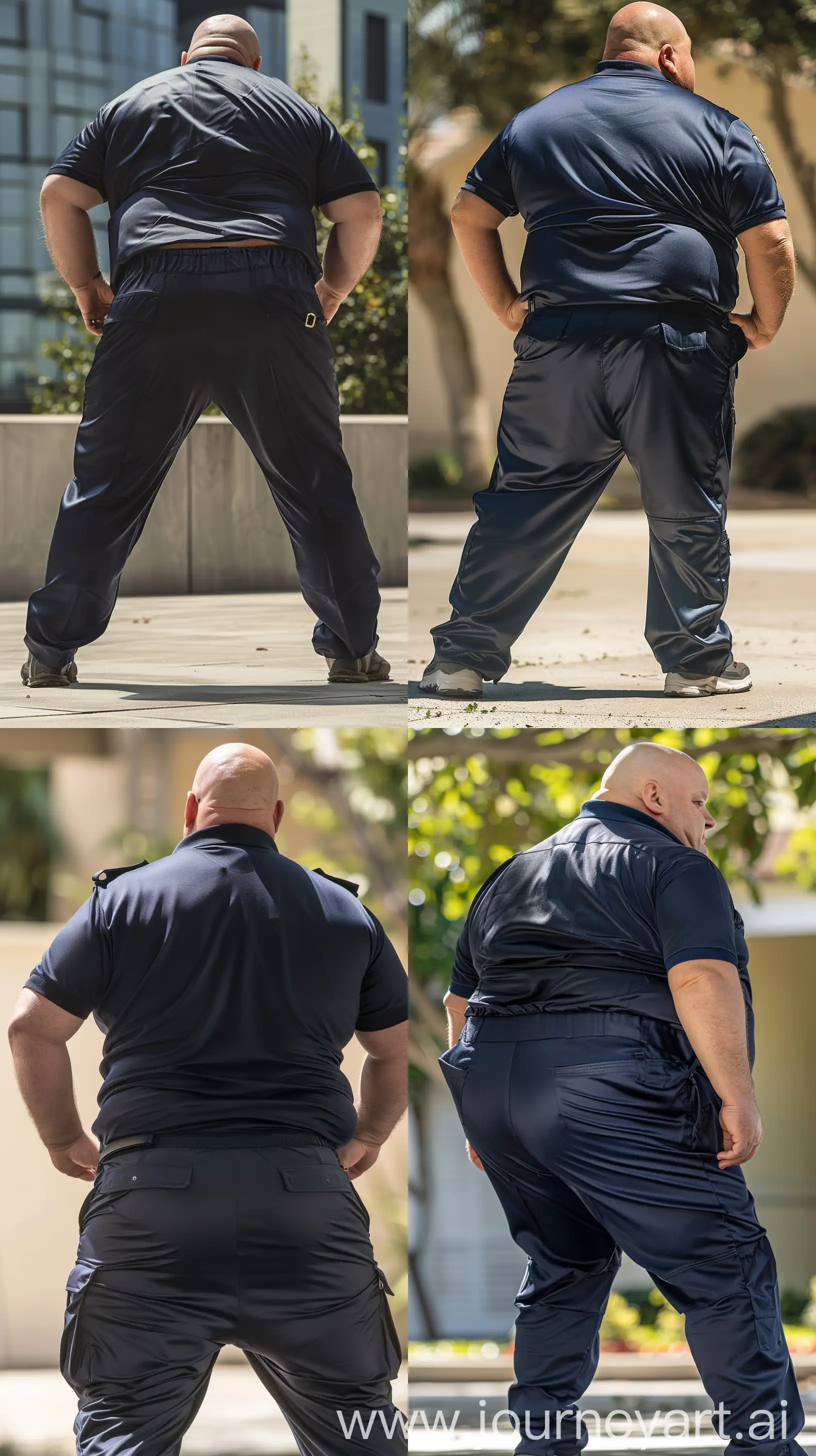 Front view close-up back view photo of a very fat man aged 60 wearing a silk navy security guard slim-fitted battle pants and a tucked in silk navy polo sport shirt. Standing with legs straight and joined and bending forward. Outside. Bald. Clean Shaven. Natural light. --style raw --ar 9:16
