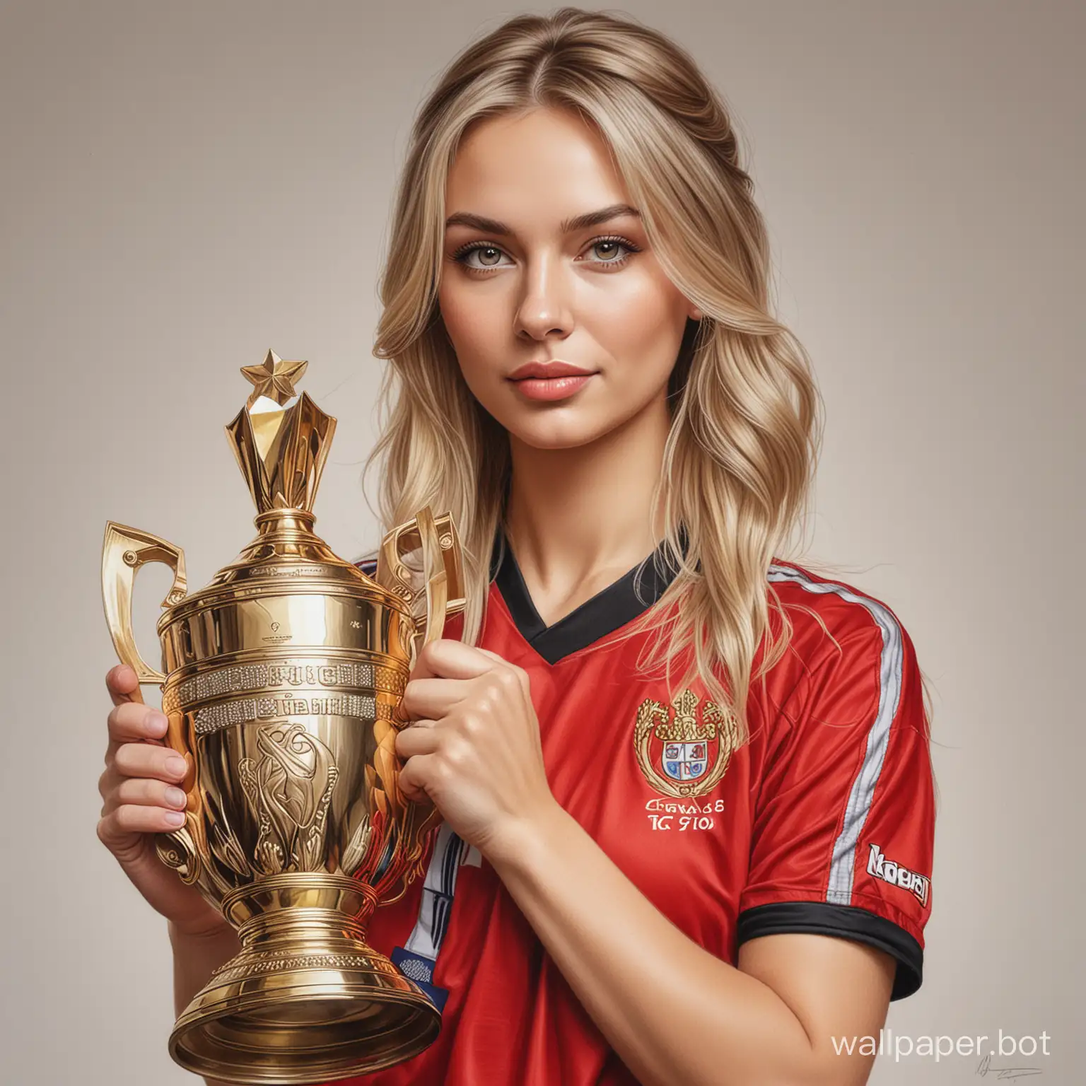 Sketch Irina Chashchina, 25 years old, light hair, cup size 7, narrow waist, in red and black soccer uniform, holding the big Champions Cup on a white background, very realistic drawing colored pencil.