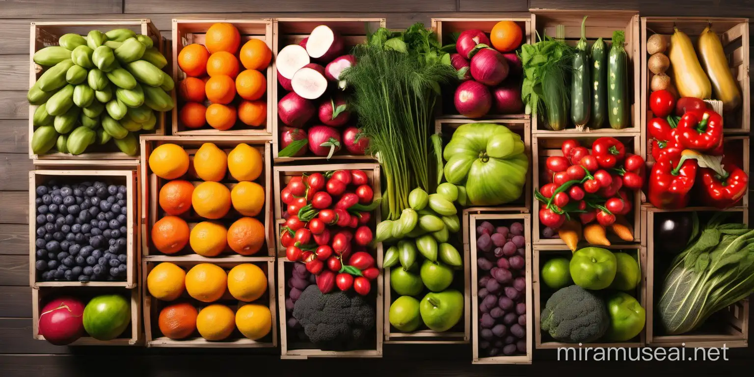 crates full of different fruits and vegetables, top view