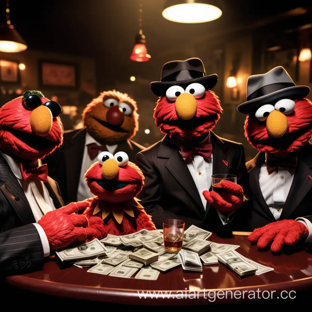 Mafia Elmo with other Elmos in the back all wearing suits and smoking cigars with their mouth and holding it with their hand and drinking whiskey on a table in a 1950's style bar at night and there's a bunch of money on the table
