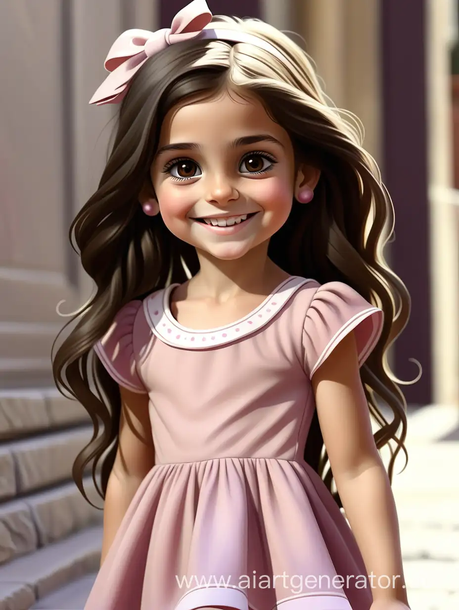 маленькая улыбающаяся девочка с коричневыми глазами и тёмными длинными волосами, в розовом платье и белых босоножках 