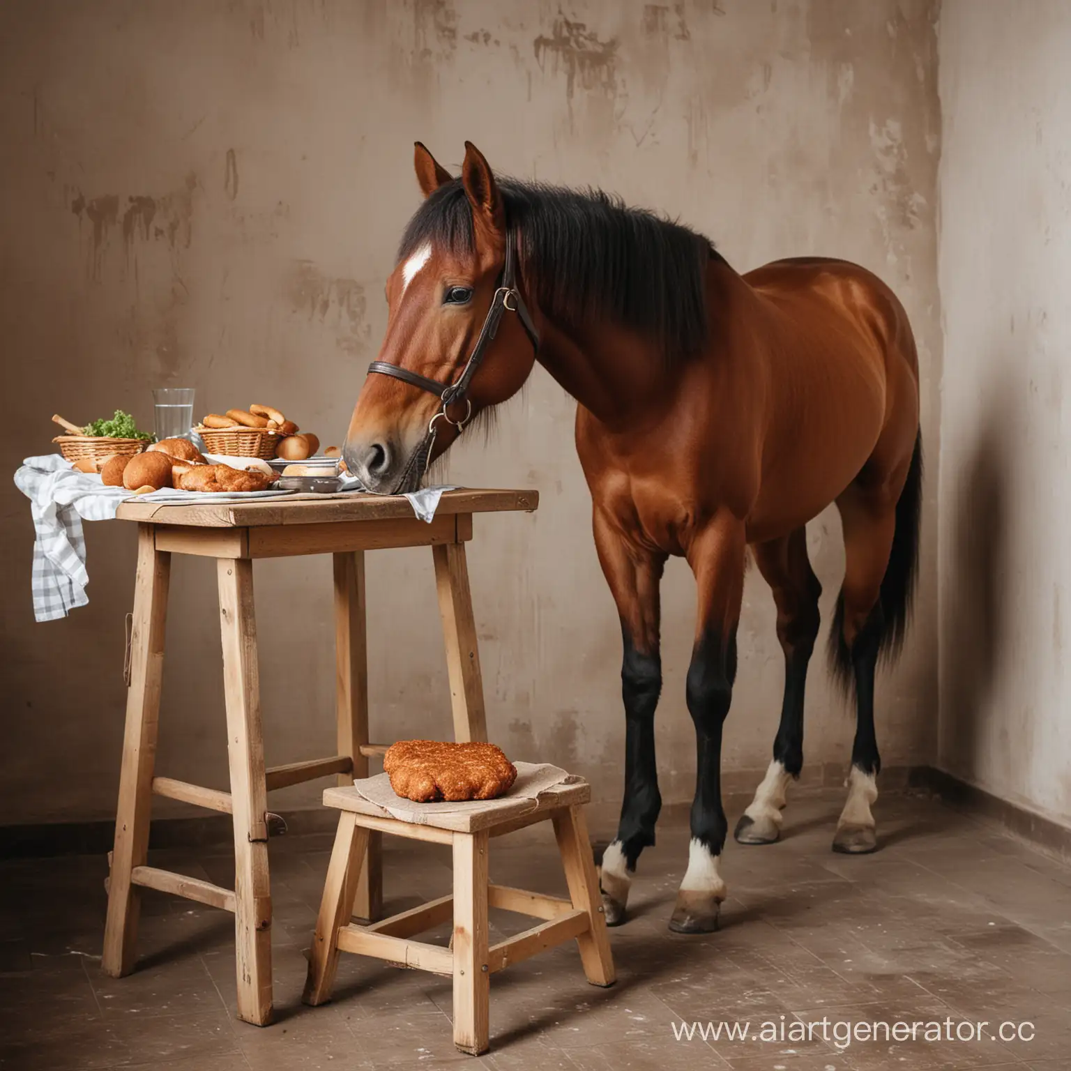 конь сидит на табурете и ест котлеты