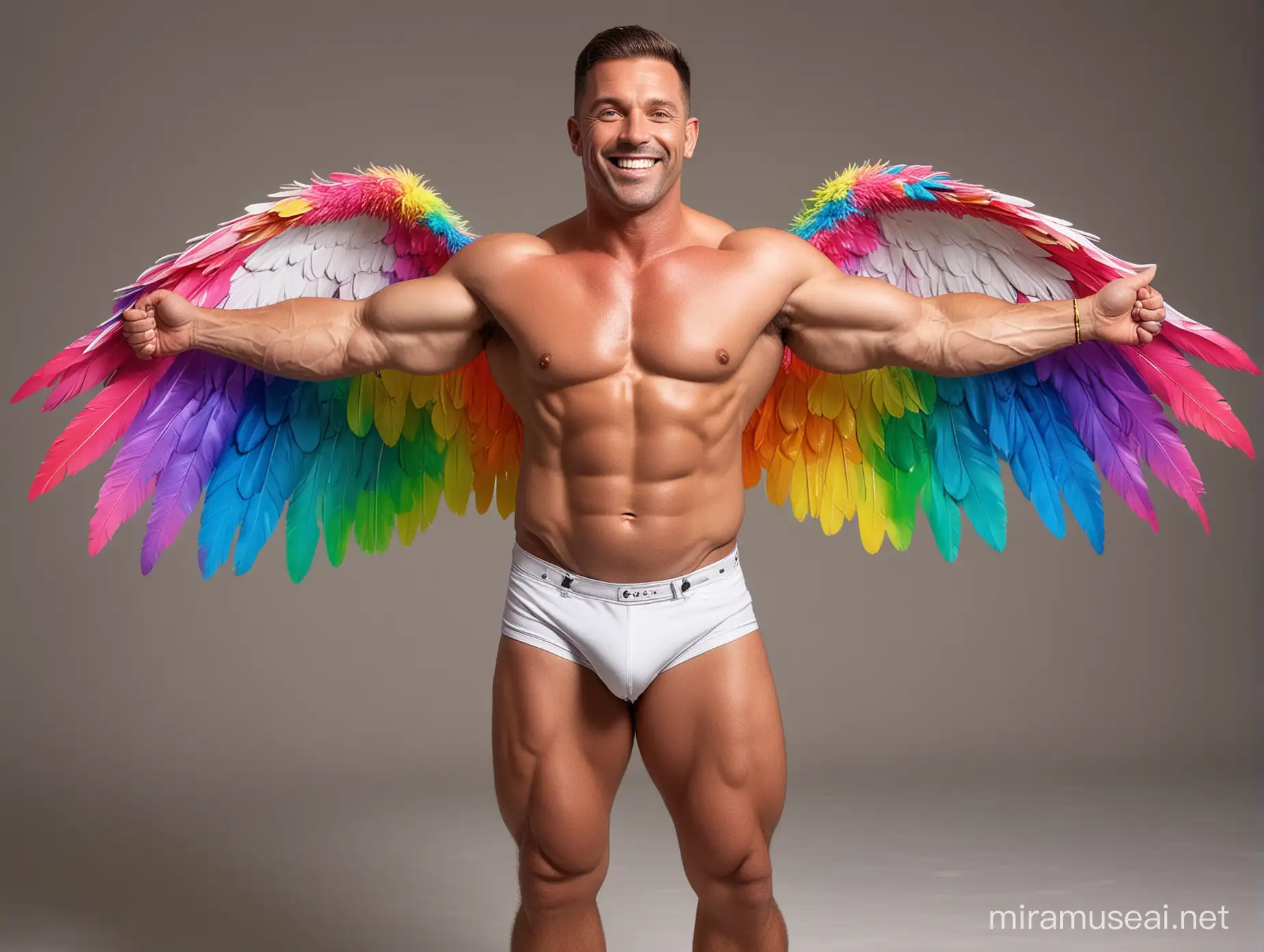 Smiling Topless 40s Bodybuilder Daddy Flexing in Rainbow Eagle Wings Jacket