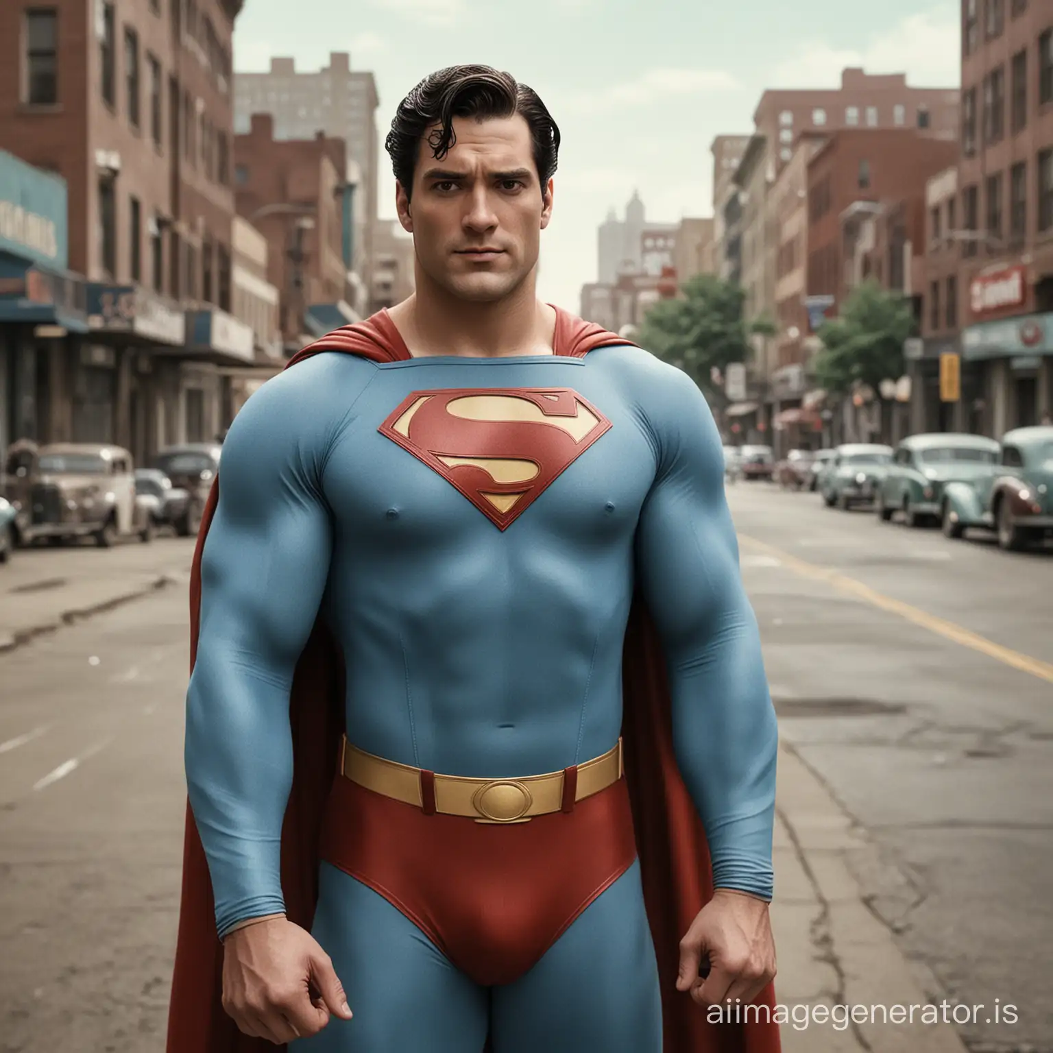 Realistic picture of Superman in a 1930s American city. Superman. Original comiclook. Accurate. Live-action. Superman wears a light blue Superman suit. He looks like in his very first appearance in comics. Superman. 1930s comic style. Realistic picture. Epic movie.