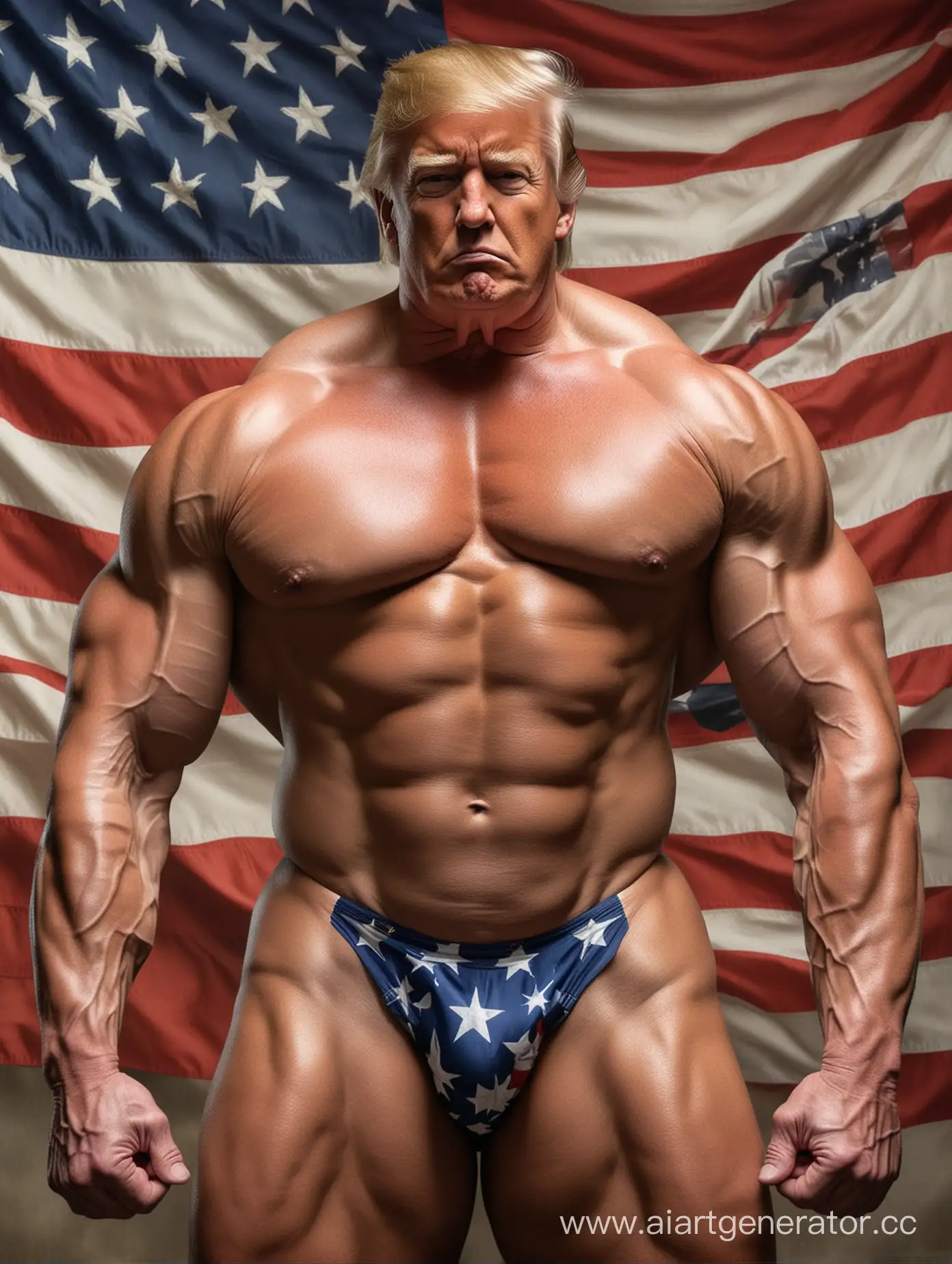 Большой, накаченный Дональд Трамп без одежды, с большими мышцами, большими бицепсами, трицепса и, в стрингах в виде американского флага. На фоне огромный американский флаг и орел