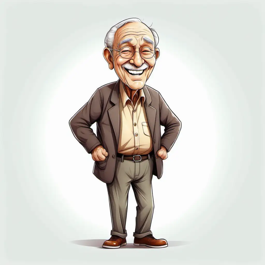 FANNY STRONG GRANDFATHER AROUND 70 YEARS OLD,CARTOON,SMILE,WHOLE SIZE,DETAILED,WHITE BACKGROUND