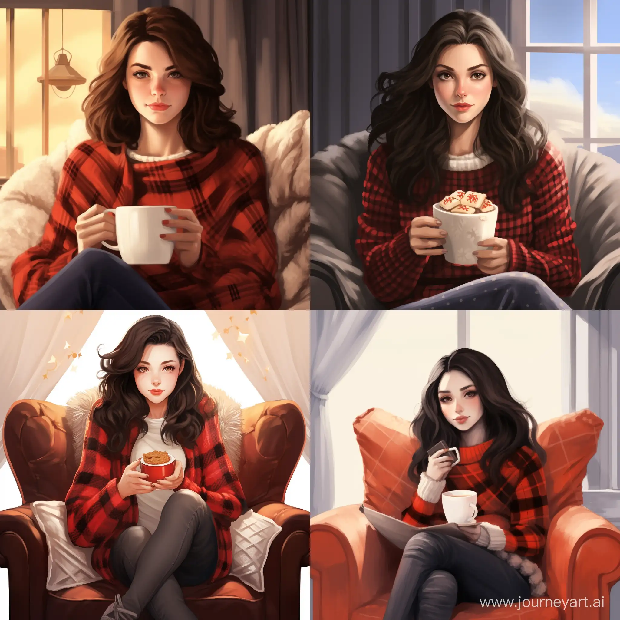 Beautiful girl, straight dark hair, expressive blue eyes, snow-white skin, teenager, cardigan, plaid, cup of coffee, sitting in an armchair, cozy, high quality, high detail, cartoon art