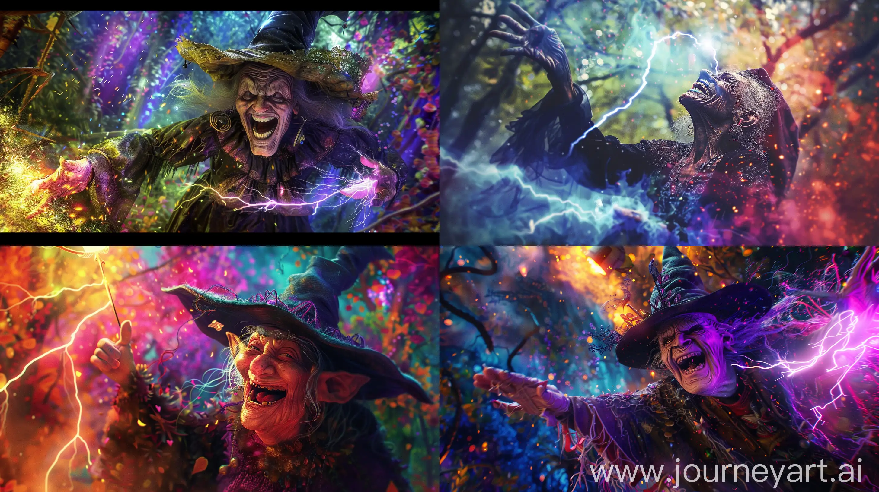 a laughing mean creepy old witch casting a electric magic spell at the camera in a creepy magical colorful forest. --ar 16:9